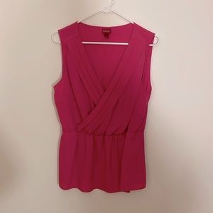 Fuscia, fancy faux wrap-peplum style blouse - so cute with jeans or dress pants.